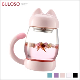 貓咪玻璃帶蓋花茶杯420ml_粉