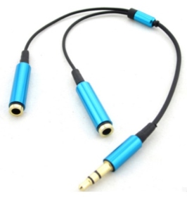 3.5mm公(3極)轉2母(耳機)分享線20cm_藍金