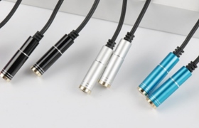 KIN_3.5mm公(4極)轉2母(耳機)分享線25cm_黑