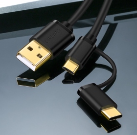 綠聯_MicroUSB+Type-C連體2米快充線_黑/白